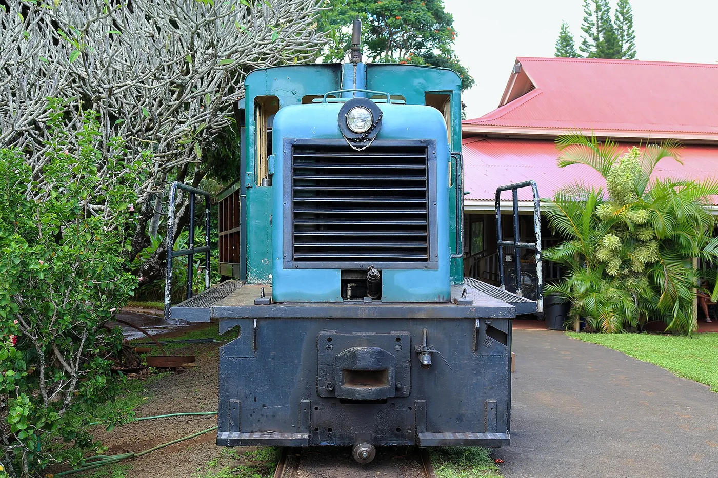 Uma locomotiva diesel vintage azul numa linha curta entre palmeiras, ao lado de um edifício de plantação com telhado vermelho